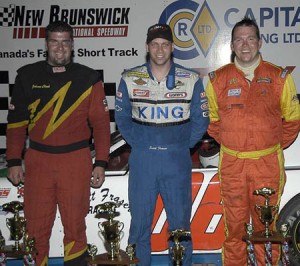 Scott Fraser (middle) beat two of Maine's best, Johnny Clark and Ben Rowe, all podium finishers for the 2003 '250' at Speedway 660.