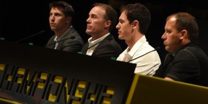 (Left to right) Denny Hamlin, Kevin Harvick, Joey Logano, and Ryan Newman (photo - NASCAR via Getty Images)
