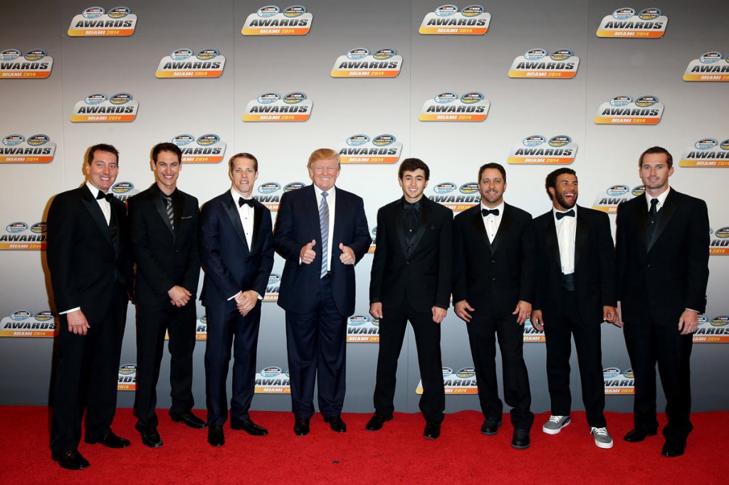 Donald Trump (fourth from left) poses with NASCAR drivers (left to right) Kyle Busch,  Joey Logano, Brad Keselowski, Chase Elliott, Matt Crafton, Bubba Wallace, and Greg Ives (Elliott's crew chief) (photo - NASCAR via Getty Images)