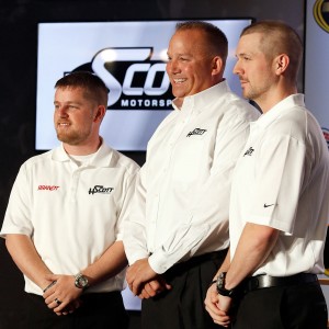 The H. Scott Motorsports team, driver Justin Allgaier, left, owner Harry Scott, Jr., middle and driver Michael Annett (photo - NASCAR via Getty Images)