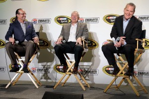 Former NASCAR drivers Kyle Petty, left, and Dale Jarrett, middle, share a laugh with NBC's Marty Snider (photo - NASCAR via Getty Images)