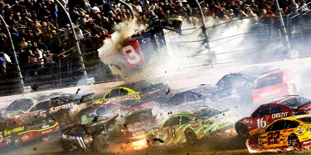 The moment of impact as Austin Dillon's airborne car slammed into the catch fence.
