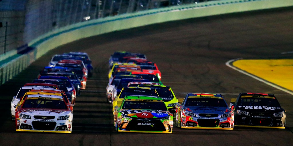 The Championship 4 race four-wide at Homestead-Miami Speedway (photo - NASCAR via Getty Images)